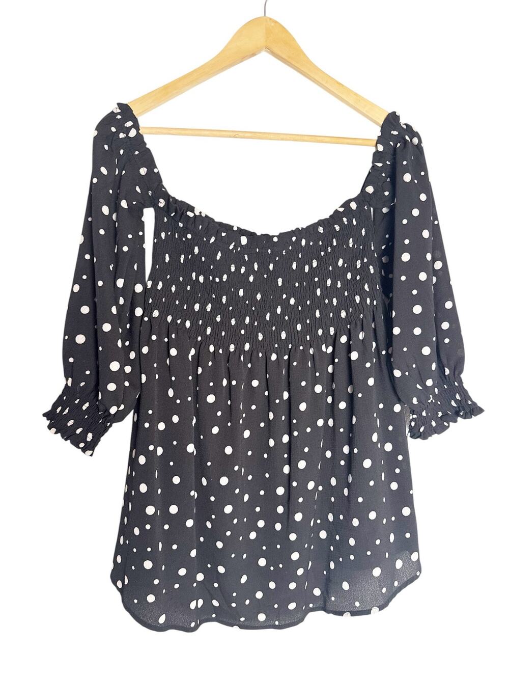 Kontrol Black White Polka Dot Print Smocked Off Shoulder Babydoll Tunic Size S